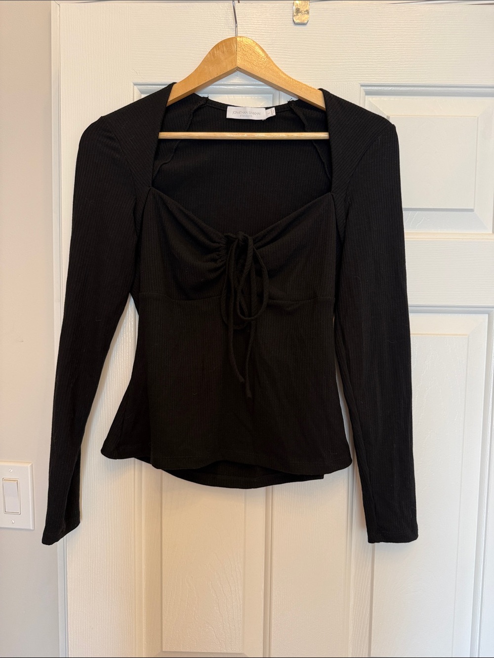 Jonathan Simkhai Black Ribbed Tie-Front Long Sleeve Top